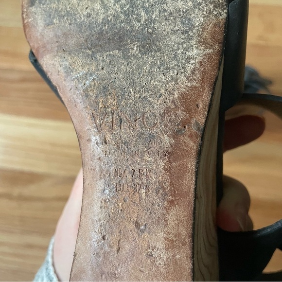 VINCE Black Peep Toe Crossover Gwyn Leather Slingback Wedge Sandals Size 7.5 - Picture 11 of 12